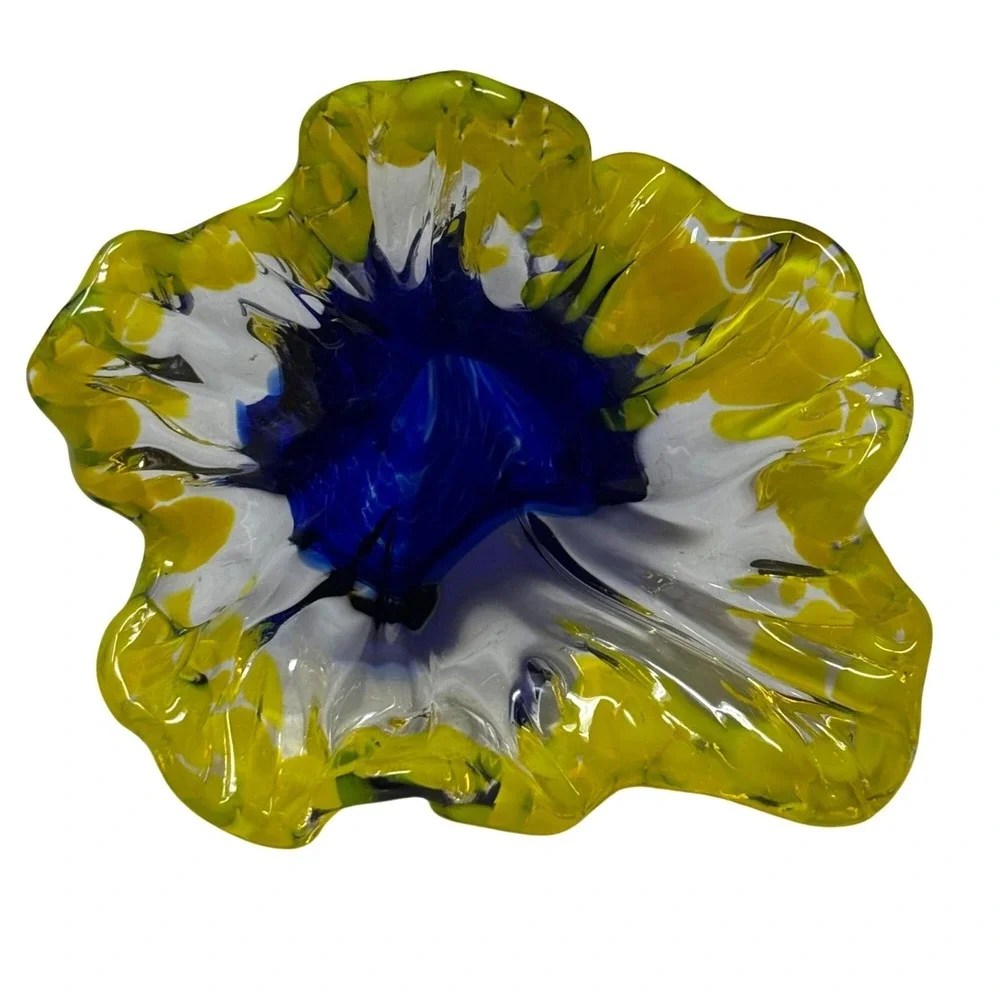 Hand Blown‎ Flower Glass Art Yellow Blue 8.5